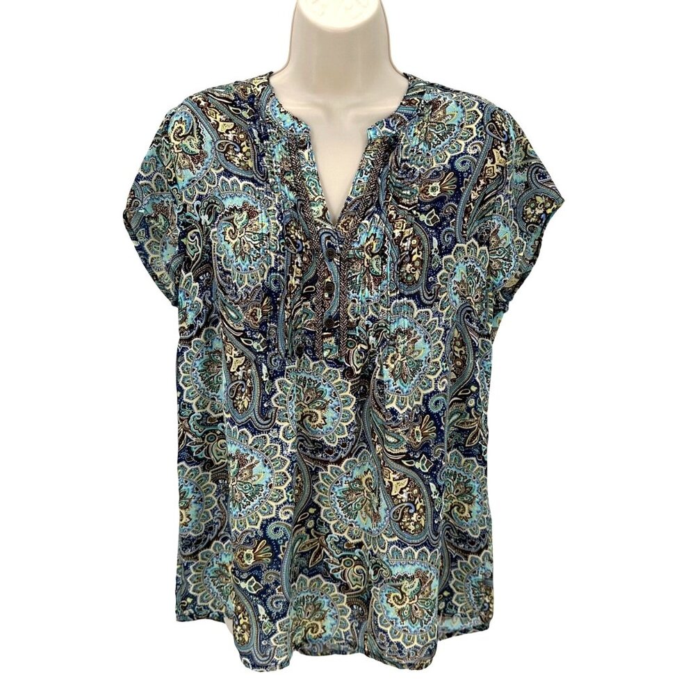 DB Established 1962 Women's Boho Paisley Print Beaded Pleated Front Blouse M
